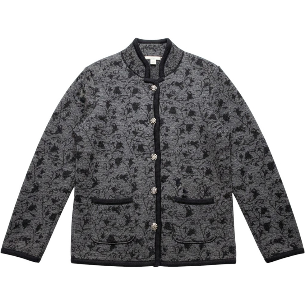 Appleseeds Womens Grey Black Floral 100% Wool Button Front Cardigan Sweater M